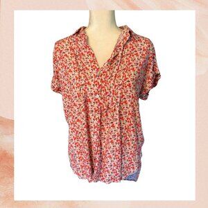Red & Pink Floral Short Sleeve Button-Down Blouse